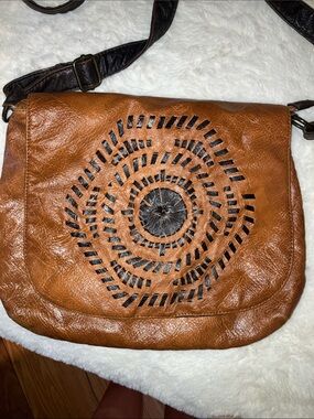 Brown Leather Crossbody Bag with Woven Accent